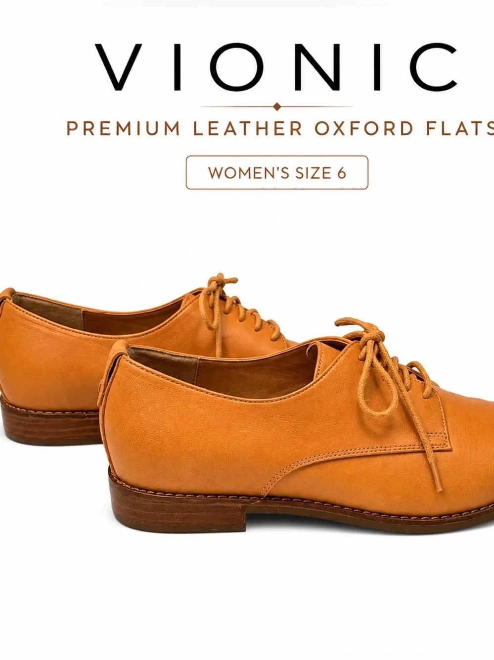 Vionic Leather Oxford Flats Tan Comfort Shoes Size 6 Minimalist 1” Heel